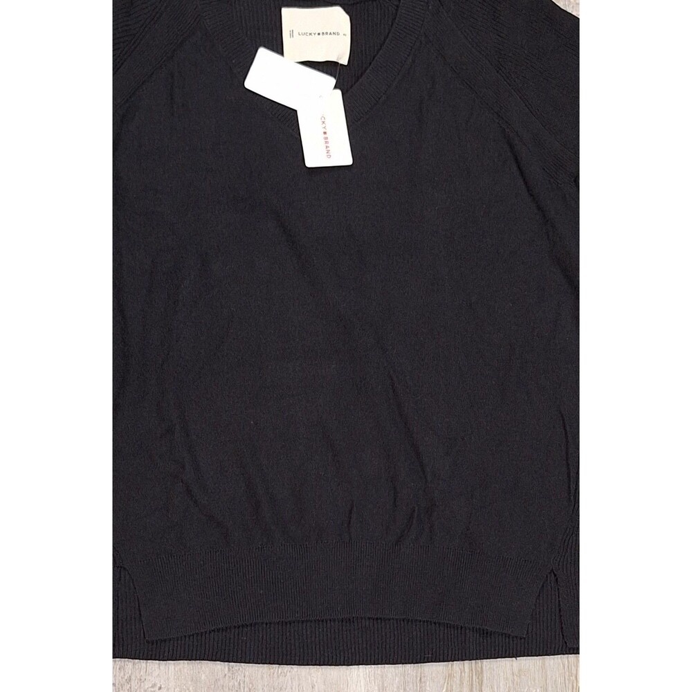 Lucky Brand Black V-Neck Knit Sweater Womens XS Tight Knit Pullover Side Slit - Picture 4 of 9
